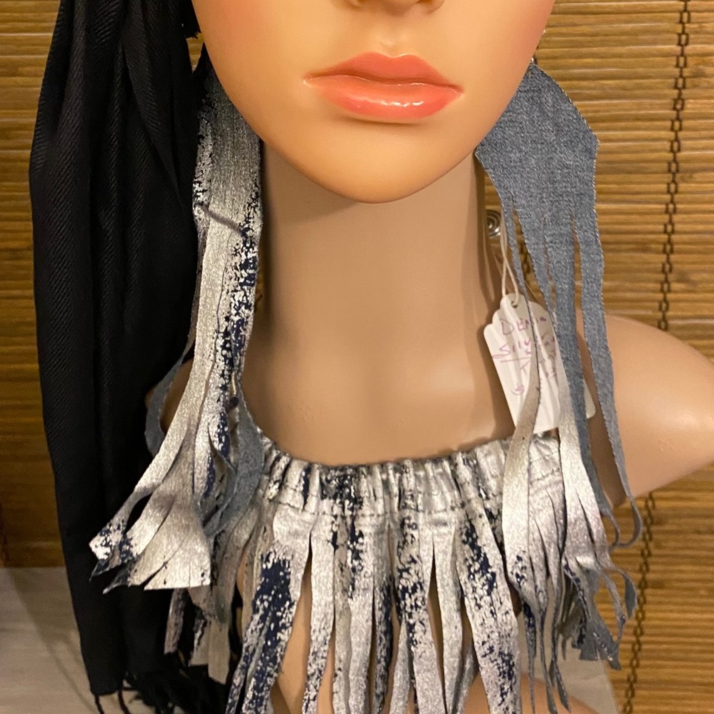 DENIM & METALLIC FRINGED EARRINGS